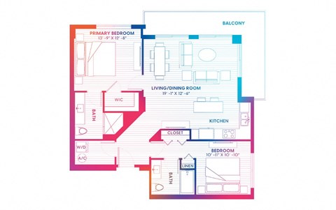 Floor plan for 2 beds, 2 baths, 1134 sqft
